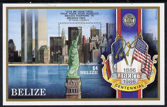 Belize 1986 Centenary of Statue of Liberty perf m/sheet unmounted mint SG MS 928, stamps on , stamps on  stamps on statue of liberty, stamps on  stamps on statues, stamps on  stamps on americana, stamps on  stamps on twin towers