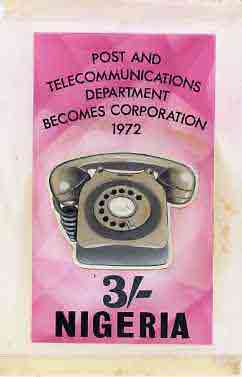 Nigeria 1972 Posts & Telecommunications Corporation - original hand-painted artwork for 3s value (showing Telephone) by Austin Ogo Onwudimegwu on card 5 x 8.5, stamps on postal    telephones    communications