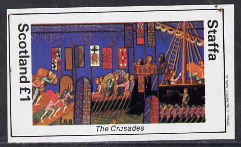 Staffa 1982 Tapestries (The Crusades) imperf souvenir sheet (£1 value) unmounted mint, stamps on history     religion      textiles     crafts
