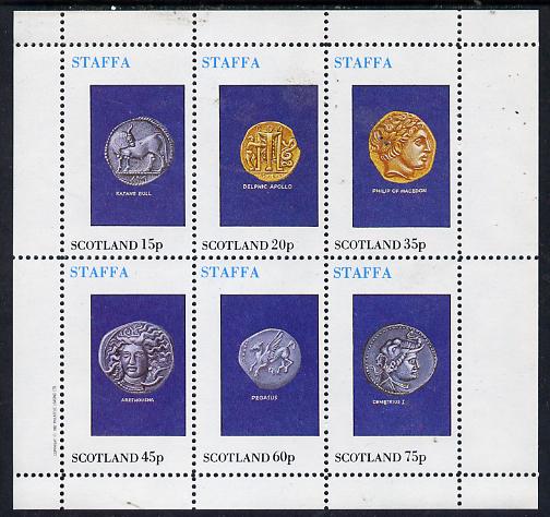 Staffa 1982 Old Coins (Katane Bull, Pegasus, Demetrius I, etc) perf set of 6 values (15p to 75p) unmounted mint, stamps on coins, stamps on ancient greece 