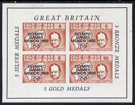 Calf of Man 1968 Olympic Games Mexico overprinted on Churchill imperf m/sheet (4, 6, 8 & 96m brown) additionally opt'd with Medals Won (Rosen CA135MS) unmounted mint, stamps on , stamps on  stamps on churchill  maps  personalities  sport    olympics