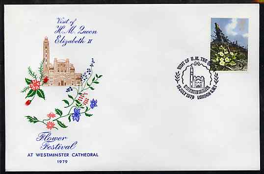 Great Britain 1979 Illustrated cover commemorating the  Queen's visit to the Flower Festival at Westminster Cathedral, bearing 9d Flower stamp with special commem cancel, stamps on , stamps on  stamps on flowers, stamps on royalty, stamps on royal visit , stamps on churches, stamps on cathedrals