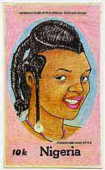 Nigeria 1987 Womens Hairstyles - original hand-painted artwork for 10k value (Cockscomb Hair style) by Francis Nwaije Isibor on card 5 x 8.5 endorsed A3, stamps on fashion, stamps on women, stamps on hair