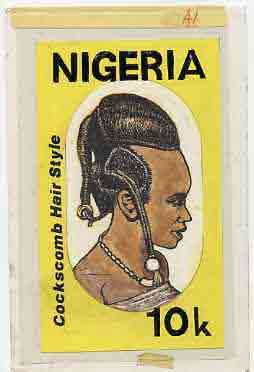 Nigeria 1987 Women's Hairstyles - original hand-painted artwork for 10k value (Cockscomb Hair style) by Godrick N Osuji on card 5 x 8.5 endorsed A1, stamps on , stamps on  stamps on fashion, stamps on  stamps on women, stamps on  stamps on hair