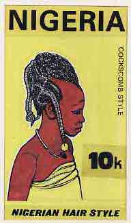 Nigeria 1987 Womens Hairstyles - original hand-painted artwork for 10k value (Cockscomb Hair style) by unknown artist on board 5 x 8.5 endorsed A4, stamps on fashion, stamps on women, stamps on hair
