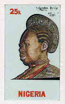 Nigeria 1987 Women's Hairstyles - original hand-painted artwork for 25k value (Akoto Hair style) by Clement O Ogbebor on card 5 x 8.5 endorsed C5, stamps on , stamps on  stamps on fashion, stamps on  stamps on women, stamps on  stamps on hair