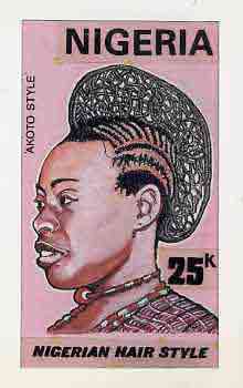 Nigeria 1987 Womens Hairstyles - original hand-painted artwork for 25k value (Akoto Hair style) by unknown artist on board 5 x 8.5 endorsed C3, stamps on fashion, stamps on women, stamps on hair