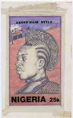 Nigeria 1987 Womens Hairstyles - original hand-painted artwork for 25k value (Akoto Hair style) by S O Nwasike on card 5 x 8.5 endorsed C2, stamps on fashion, stamps on women, stamps on hair