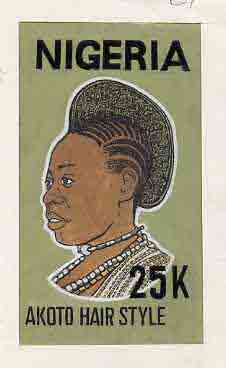 Nigeria 1987 Women's Hairstyles - original hand-painted artwork for 25k value (Akoto Hair style) by Godrick N Osuji on card 5 x 8.5 endorsed C1, stamps on , stamps on  stamps on fashion, stamps on  stamps on women, stamps on  stamps on hair