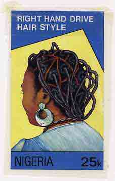 Nigeria 1987 Womens Hairstyles - original hand-painted artwork for 25k value (Right Hand Drive Hair style) by Mrs A O Adeyeye on card 5 x 8.5 endorsed C5 and marked Withd..., stamps on fashion, stamps on women, stamps on hair