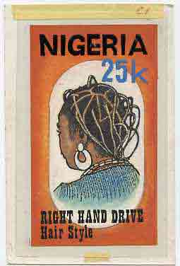 Nigeria 1987 Women's Hairstyles - original hand-painted artwork for 25k value (Right Hand Drive Hair style) by Godrick N Osuji on card 5 x 8.5 endorsed C1 (this design was withdrawn and replaced with Akoto Hair Style), stamps on , stamps on  stamps on fashion, stamps on  stamps on women, stamps on  stamps on hair