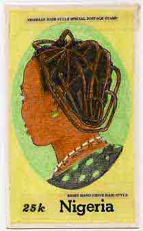 Nigeria 1987 Women's Hairstyles - original hand-painted artwork for 25k value (Right Hand Drive Hair style) by Francis Nwaije Isibor on card 5 x 8.5 endorsed C3 (this design was withdrawn and replaced with Akoto Hair Style), stamps on , stamps on  stamps on fashion, stamps on  stamps on women, stamps on  stamps on hair