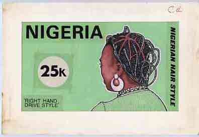 Nigeria 1987 Womens Hairstyles - original hand-painted artwork for 25k value (Right Hand Drive Hair style) by unknown artist on board 8.5 x 5 endorsed C4 (this design was..., stamps on fashion, stamps on women, stamps on hair