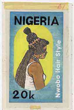 Nigeria 1987 Womens Hairstyles - original hand-painted artwork for 20k value (Nwobo Hair style) by Godrick N Osuji on card 5 x 8.5 endorsed B1, stamps on fashion, stamps on women, stamps on hair