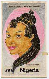 Nigeria 1987 Womens Hairstyles - original hand-painted artwork for 20k value (Nwobo Hair style) by Francis Nwaije Isibor on card 5 x 8.5 endorsed B3, stamps on fashion, stamps on women, stamps on hair