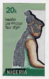 Nigeria 1987 Women's Hairstyles - original hand-painted artwork for 20k value (Nwobo Hair style) by Clement O Ogbebor on card 5 x 8.5 endorsed B6, stamps on , stamps on  stamps on fashion, stamps on  stamps on women, stamps on  stamps on hair