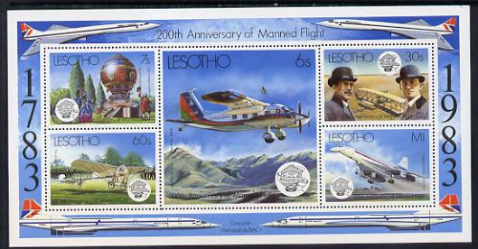 Lesotho 1983 Manned Flight m/sheet unmounted mint SG MS 549, stamps on , stamps on  stamps on aviation, stamps on balloons, stamps on concorde