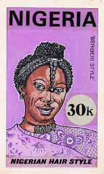 Nigeria 1987 Women's Hairstyles - original hand-painted artwork for 20k value (Beriberi style) by unknown artist on board 5 x 8.5 endorsed D4, stamps on , stamps on  stamps on fashion, stamps on  stamps on women, stamps on  stamps on hair