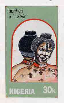 Nigeria 1987 Women's Hairstyles - original hand-painted artwork for 20k value (Beriberi Hair style) by Clement O Ogbebor on card 5 x 8.5 endorsed D6, stamps on , stamps on  stamps on fashion, stamps on  stamps on women, stamps on  stamps on hair