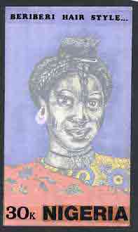 Nigeria 1987 Women's Hairstyles - original hand-painted artwork for 20k value (Beriberi Hair style) by S O Nwasike on card 5 x 8.5 endorsed D2, stamps on , stamps on  stamps on fashion, stamps on  stamps on women, stamps on  stamps on hair