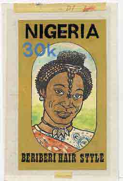 Nigeria 1987 Womens Hairstyles - original hand-painted artwork for 20k value (Beriberi Hair style) by Godrick N Osuji on card 5 x 8.5 endorsed D1, stamps on fashion, stamps on women, stamps on hair