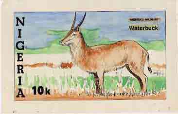 Nigeria 1984 Nigerian Wildlife - original hand-painted artwork for 10k value (Waterbuck) by Francis Nwaije Isibor on card 8.5 x 5 endorsed A1, stamps on animals
