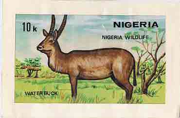 Nigeria 1984 Nigerian Wildlife - original hand-painted artwork for 10k value (Waterbuck) by Godrick N Osuji on card 8.5 x 5 endorsed A2, stamps on , stamps on  stamps on animals