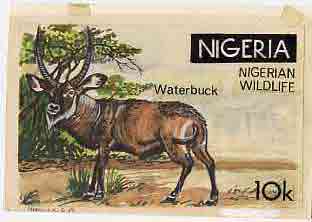 Nigeria 1984 Nigerian Wildlife - original hand-painted artwork for 10k value (Waterbuck) by S O Nwasike on card 8.5 x 5, stamps on , stamps on  stamps on animals