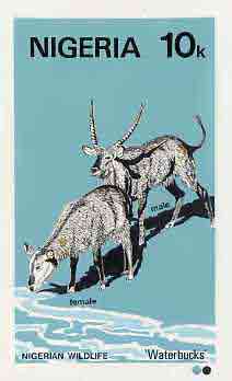 Nigeria 1984 Nigerian Wildlife - original hand-painted artwork for 10k value (Waterbucks) by NSP&MCo Staff Artist Olukoya Ogunfowora on card 5 x 8.5 endorsed A7, stamps on animals
