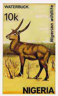Nigeria 1984 Nigerian Wildlife - original hand-painted artwork for 10k value (Waterbuck) by unknown artist on card 5 x 8.5 endorsed A5, stamps on animals