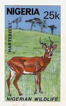 Nigeria 1984 Nigerian Wildlife - original hand-painted artwork for 25k value (Hartbeest) by unknown artist on card 5 x 8.5 endorsed B7, stamps on animals