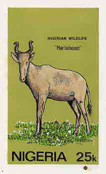 Nigeria 1984 Nigerian Wildlife - original hand-painted artwork for 25k value (Hartbeest) by NSP&MCo Staff Artist Olukoya Ogunfowora on card 5 x 8.5 endorsed B6, stamps on , stamps on  stamps on animals