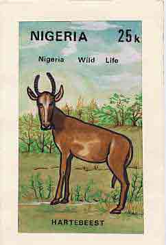Nigeria 1984 Nigerian Wildlife - original hand-painted artwork for 25k value (Hartbeest) by Godrick N Osuji on card 5 x 8.5 endorsed B2, stamps on animals