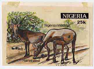 Nigeria 1984 Nigerian Wildlife - original hand-painted artwork for 25k value (Hartbeest) by S O Nwasike on card 8 x 5 , stamps on animals