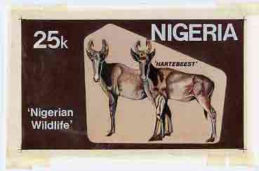 Nigeria 1984 Nigerian Wildlife - original hand-painted artwork for 25k value (Hartbeest) by unknown artist on card 8.5 x 5 endorsed B5, stamps on animals