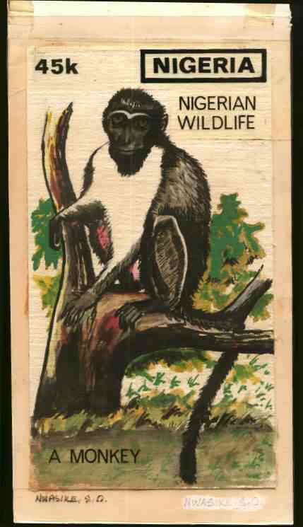 Nigeria 1984 Nigerian Wildlife - original hand-painted artwork for 45k value (Monkey) by S O Nwasike on card 5 x 8.5 , stamps on animals    apes