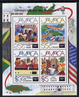 Jamaica 1986 Ameripex Stamp Exhibition m/sheet unmounted mint, SG MS 655, stamps on , stamps on  stamps on postal, stamps on  stamps on aviation, stamps on  stamps on  law , stamps on  stamps on fruit, stamps on  stamps on flags, stamps on  stamps on stamp exhibitions, stamps on  stamps on medical, stamps on  stamps on nurses, stamps on  stamps on bananas