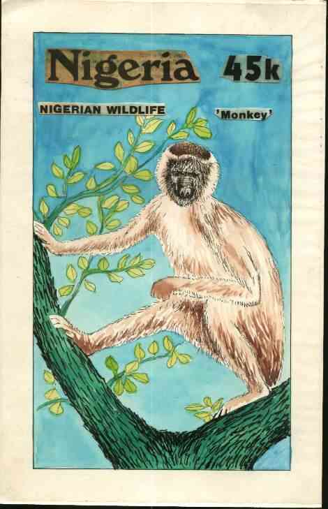 Nigeria 1984 Nigerian Wildlife - original hand-painted artwork for 45k value (Monkey) by Francis Nwaije Isibor on card 5 x 8.5 endorsed D1, stamps on , stamps on  stamps on animals    apes