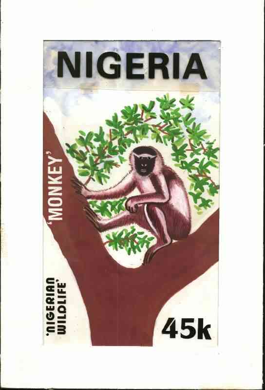Nigeria 1984 Nigerian Wildlife - original hand-painted artwork for 45k value (Monkey) by unknown artist on board 5 x 8.5 , stamps on , stamps on  stamps on animals    apes