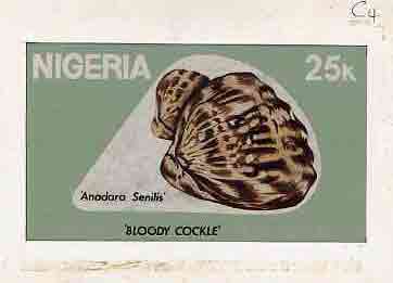 Nigeria 1987 Shells - original hand-painted (unaccepted) artwork for 25k value (Bloody Cockle) by Clement O Ogbebor on card 8.5 x 5 endorsed C4, stamps on , stamps on  stamps on marine-life     shells