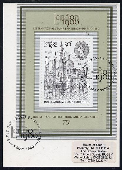 Great Britain 1980 London 1980 Stamp Exhibition PHQ card bearing appropriate m/sheet fine used with first day commemorative cancel, stamps on postal, stamps on stamp exhibitions, stamps on bridges