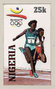 Nigeria 1992 Barcelona Olympic Games (1st issue) - original hand-painted artwork for 25k value (Running) probably by NSP&MCo Staff Artist F O Abdul, on card 5 x 8.5 endor..., stamps on sport      olympics    running