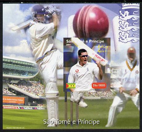 St Thomas & Prince Islands 2004 Cricket - Ashley Giles imperf souvenir sheet unmounted mint. Note this item is privately produced and is offered purely on its thematic appeal, stamps on , stamps on  stamps on sport, stamps on  stamps on cricket