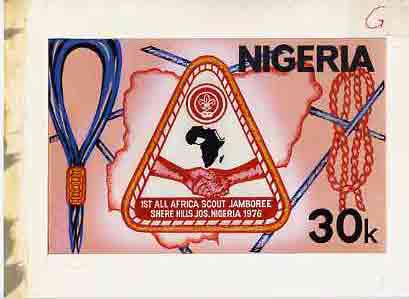 Nigeria 1977 First All-Africa Scout Jamboree - original hand-painted artwork for 30k value (Jamboree Emblem) by NSP&MCo Staff Artist Samuel A M Eluare on card 9 x 6 endor..., stamps on scouts