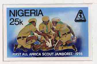 Nigeria 1977 First All-Africa Scout Jamboree - original hand-painted artwork for 25k value (Scouts Administering First Aid) by Austin Ogo Onwudimegwu on card 8 x 5 endors..., stamps on scouts