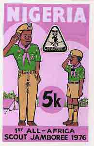 Nigeria 1977 First All-Africa Scout Jamboree - original hand-painted artwork for 5k value (Scouts Saluting) by Nojim A Lasisi on board 5 x 8 endorsed D3, stamps on scouts