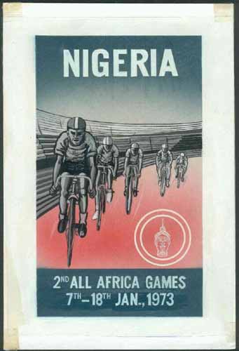Nigeria 1973 Second All Africa Games - original hand-painted artwork (undenominated) by Austin Ogo Onwudimegwu showing Cyclists, on card 5 x 8.5 , stamps on sport    bicycles