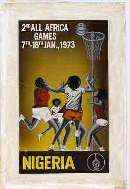 Nigeria 1973 Second All Africa Games - original hand-painted artwork (undenominated) by Austin Ogo Onwudimegwu showing Netball, on card 5 x 8.5 , stamps on , stamps on  stamps on sport    netball