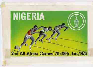 Nigeria 1973 Second All Africa Games - original hand-painted artwork (undenominated) by Austin Ogo Onwudimegwu showing Running, on card 8.5 x 5 , stamps on sport    running