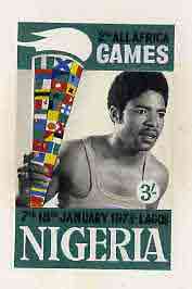 Nigeria 1973 Second All Africa Games - original hand-painted composite artwork for 3s value (showing Torch Bearer) by unknown artist, on card 4 x 6 , stamps on sport